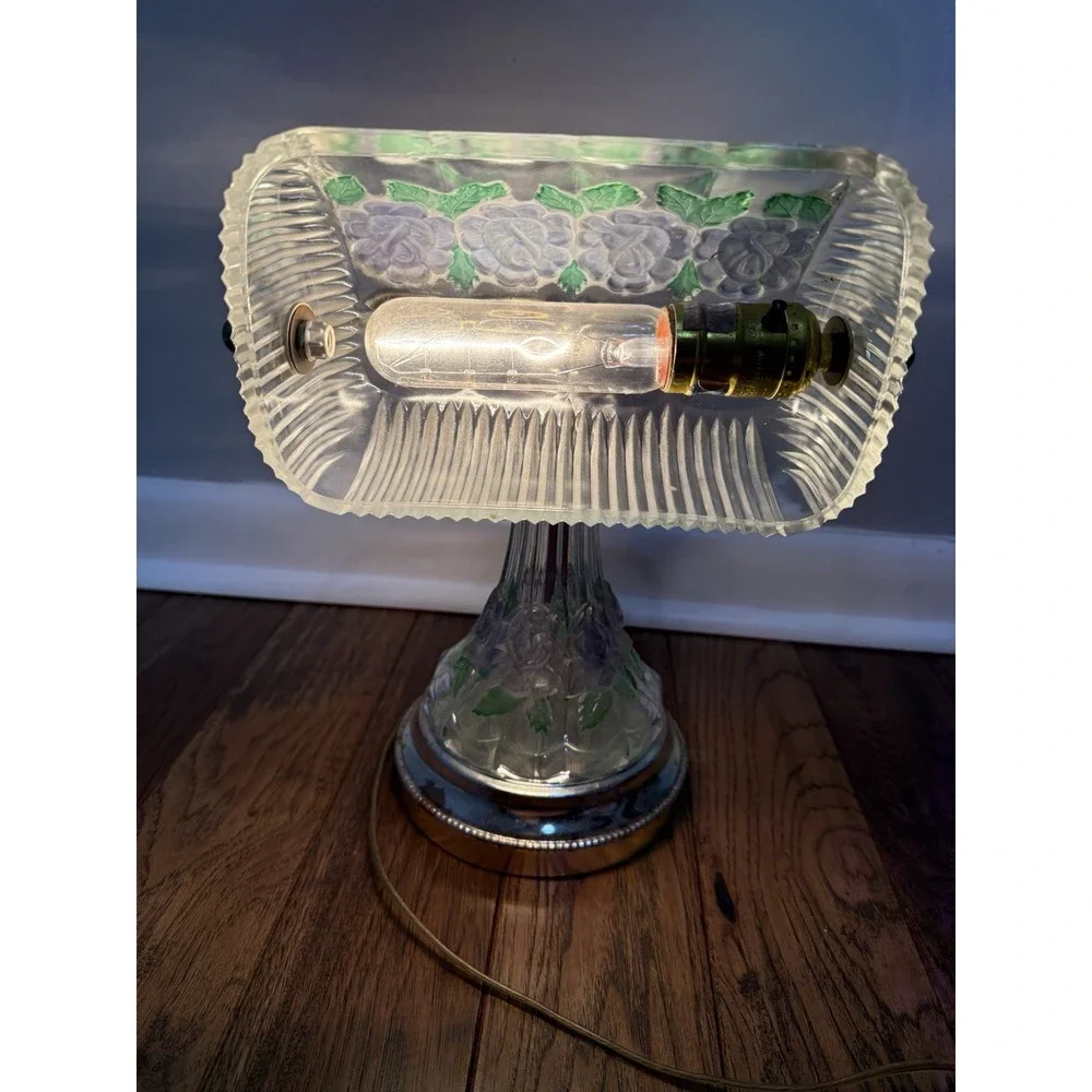 Vintage Anna Hutte Bleikristall Floral Glass Banker's Style Desk‎ Lamp RARE  12